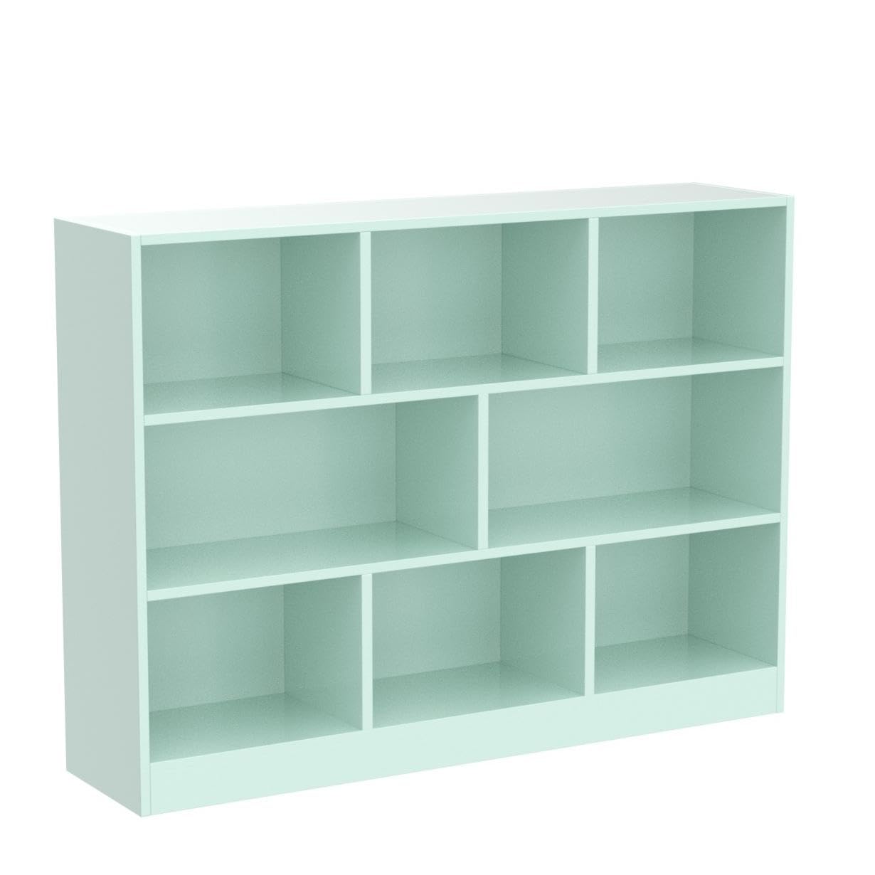 IOTXY Open Shelf Low Bookcase - Wooden 3-Tier Floor Standing Display Cabinet Organizer with Base, 8 Cubes Short Horizontal Bookshelf in Tiffany-Green