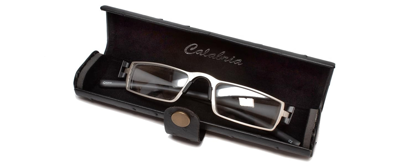 Calabria Slim Hard Eyeglass Case with Faux Ostrich Finish – Compact Snap Button Eyewear Holder | Protective Travel Storage for Reading Glasses and Sunglasses | Black