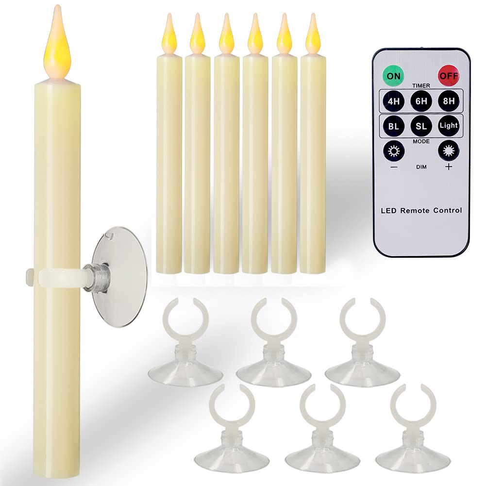 ShareMoon Window Candles Flickering Battery Operated with Remote and Timer, 6 Pack Electric Flameless Taper Candles with Magnetic Base for Christmas Halloween Dinner Wedding Party Decoration