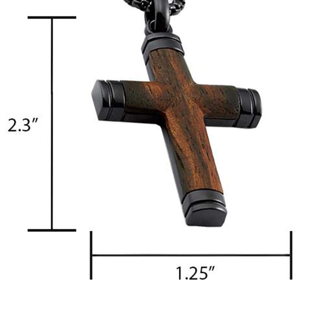Metal Masters Co. Wood Cross Pendant Necklace Black Stainless Steel 24" Round Box Chain