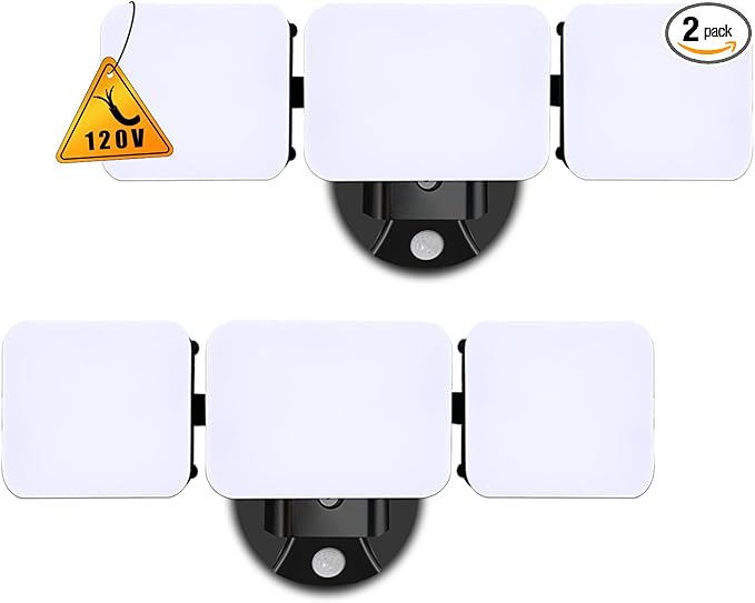 EMANER Outdoor Motion Sensor Floodlights, Dusk to Dawn Auto On at Night When Motion Detected, Security Light 4500lm 120V, 5000K 3-Head Frosted Lens, Motion Light for Driveway Patio (2-Pack, Black)
