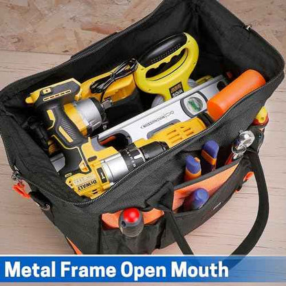 Wide Mouth Tool Bag, 16 Inch Heavy Duty Tool Bag with Multi-Pockets, Molded Waterproof Base for Plumbers, Electricians, Handymen