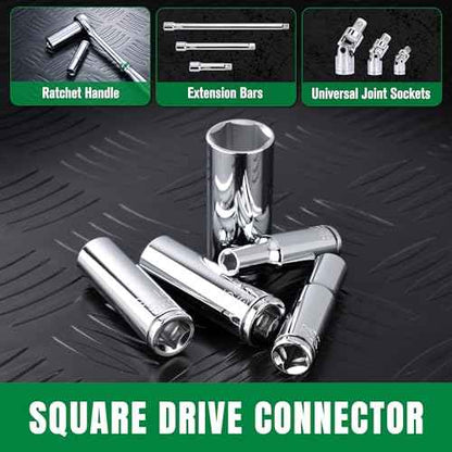 SK 3/8" Drive Socket Set, Deep SAE Sockets, 13-Piece 1/4" to 1", SuperKrome Finish, Premium CR-V Construction, with Aluminum Socket Organizer