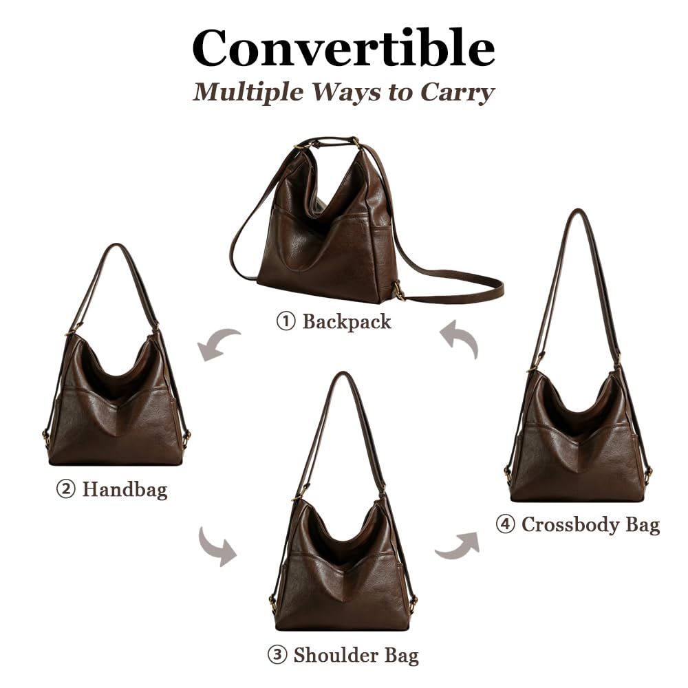 Ruvafeny Convertible Backpack Purse for Women Tote Backpack Convertible Hobo Bag Vegan Leather Crossbody Shoulder Handbags