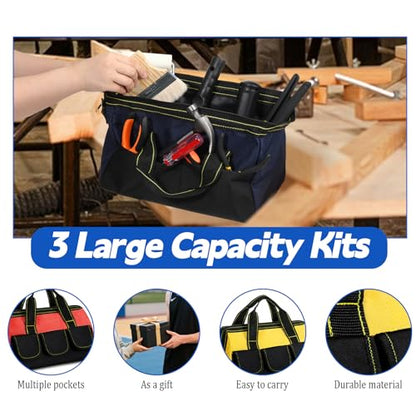 3 Pack 13 Inch Tool Bags for Men, Wide Mouth Tool Tote Bag with Waterproof Base Heavy Duty Tools Storage Bag for Electrician Carpenter Mechanic (Blue, Red, Yellow)
