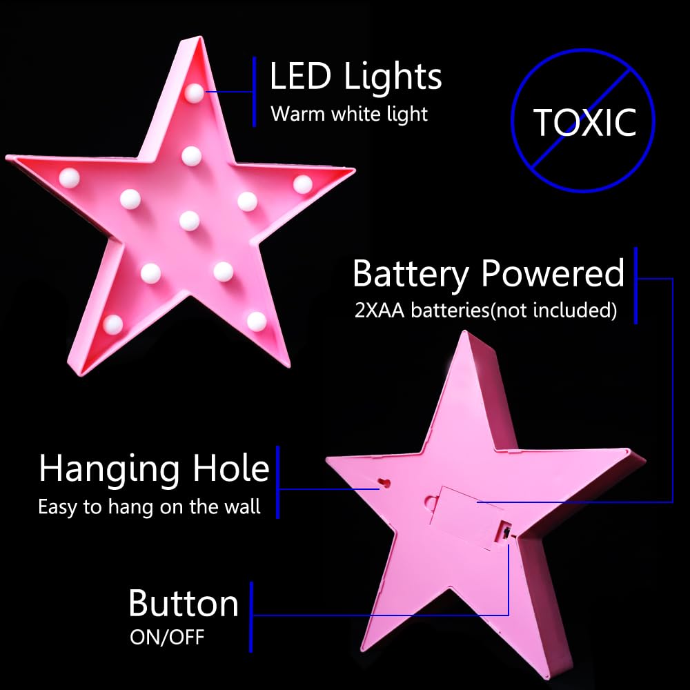 LED Marquee Star Signs Night Lights, Battery Operated Star Shaped Desk Table Lamp for Kids, Baby, Child, Girl Gift, Nursery Room, Wall Decor-Pink