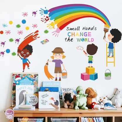 Small Hands Change The World Wall Stickers Inspirational Quote Rainbow Wall Decals for Kids Room Playroom Classroom School Library Wall Decor