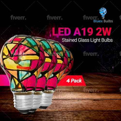 Tiffany 4 Pack Stained Glass Light Bulbs - A19 2W (25W Equivalent) E26 Base Mosaic Night & Party Light