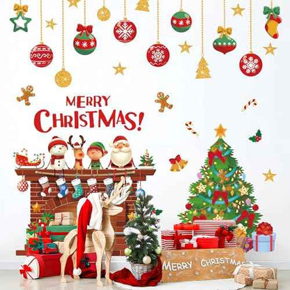 Christmas Wall Decals Christmas Tree Wall Stickers Xmas Ball Fireplace Decals Stickers Removable Merry Christmas Wall Decorations for Xmas Party Bedroom Living Room Office Home Decor, 4 Sheets