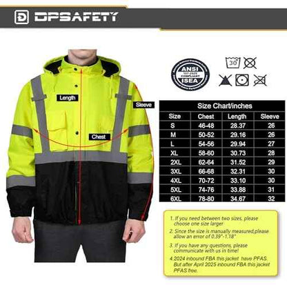 Safety jacket for men,Reflective high Visibility Hooded jacket,Hi-Vis Bomber Jacket with Pockets and Zipper,Waterproof,Black Bottom,ANSI/ISEA 107-2020 Type R Class 3,Lime