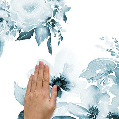 RoomMates RMK4708GM Watercolor Floral Peel and Stick Wall Decals, Blue