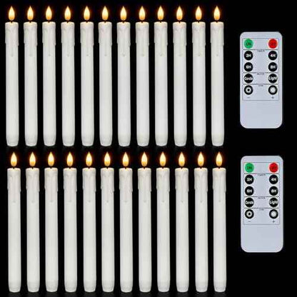 Homemory 24 Pcs Plastic Flameless Taper Candles with Remote Timer Dimmer, White Taper Candles Battery Operated with Flickering Flame Light Lifelike Led Candlesticks for Indoor Decoration 9.6 Inches