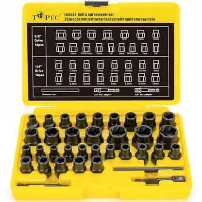Topec Bolt Extractor Kit, 35-Piece Broken Bolt Extractor Set, Impact Bolt & Nut Remover Socket Set, Removal Tool for Removing Damaged, Frozen, Rusted, Rounded-Off Bolts, Nuts & Screws