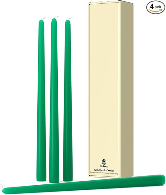 12-Inch Tall Dripless Taper Candles Set of 4 - Emerald Tapered Candles, Perfect for Spring - Smokeless, Unscented, Long Burning - Hand Poured, Colored Tall Candlesticks - Jade