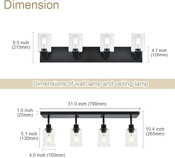 4 Light VINLUZ Vanity Wall Light with Clear Glass Shade Indoor Bathroom Fixture Multi-Directional Rotating Metal Ceiling Spotlight Fixture with Adjustable Track Heads