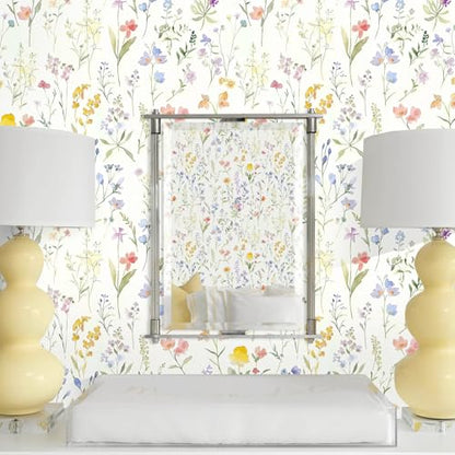 Floral Peel and Stick Wallpaper Boho Contact Paper Flower Leaf Removable Self Adhesive Waterproof Wall paper for Bathroom Bedroom Nursery Wildflower Botanical Thickened Vinyl Roll 17.32inW 118.11inL