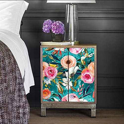 HAOKHOME Floral Peel and Stick Wallpaper Teal Green/Pink Removable Textured for Bedroom Nursery Decorations 17.7in x 6.5ft