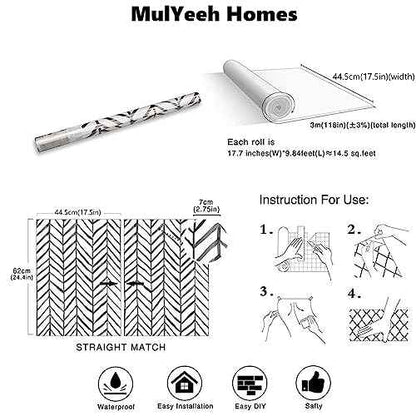 MulYeeh 17.5'' x 118'' Adhesive Peel and Stick Paper Herringbone Black White Wallpaper Removable Wall Covering Prepasted Decorative