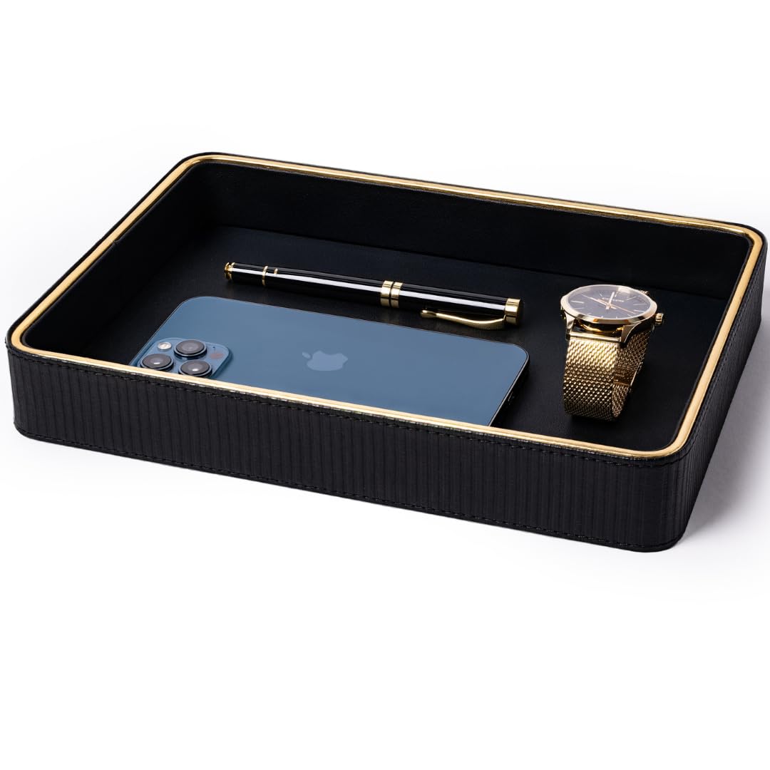 Leather Catchall Valet Tray for Men| Mens Valet Catch All Trays| Bedside Organizer for Nightstand| Cologne Tray for Men| Desk Trays Leather Tray Organizer (Black)