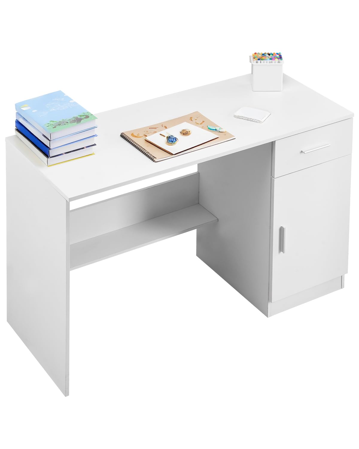 VEVOR Small Desk with Drawer, Kids Desk for Bedroom, Wooden Simple Study Table for Drawing, Reading, Writing, Rectangle MDF Study Storage Table with Adjustable Shelf for Home, Office, White
