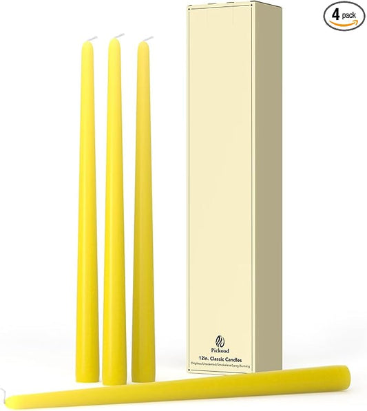 12-Inch Tall Dripless Taper Candles Set of 4 - Yellow Tapered Candles, Perfect for Spring - Smokeless, Unscented, Long Burning - Hand Poured, Colored Tall Candlesticks - Light Yellow