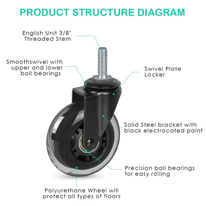 8T8 3" Rubber Caster Wheels Heavy Duty with 3/8"-16 x 1-1/2" Threaded Stem Casters Set of 4 (Screw Diameter 3/8", Length 1.5"), Quiet and Smooth Rolling Castors for Furniture Hardwood Floors