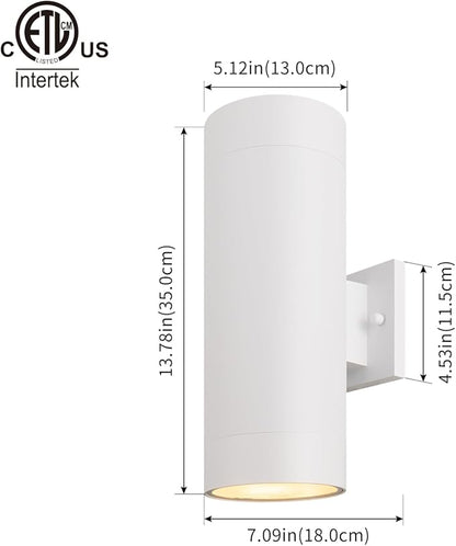 mirrea 14" Modern Outdoor Porch Light Patio Light in 2 Lights with Aluminum Cylinder and Tempered Glass Cover Waterproof Wall Sconce 2 Pack (Matte White)