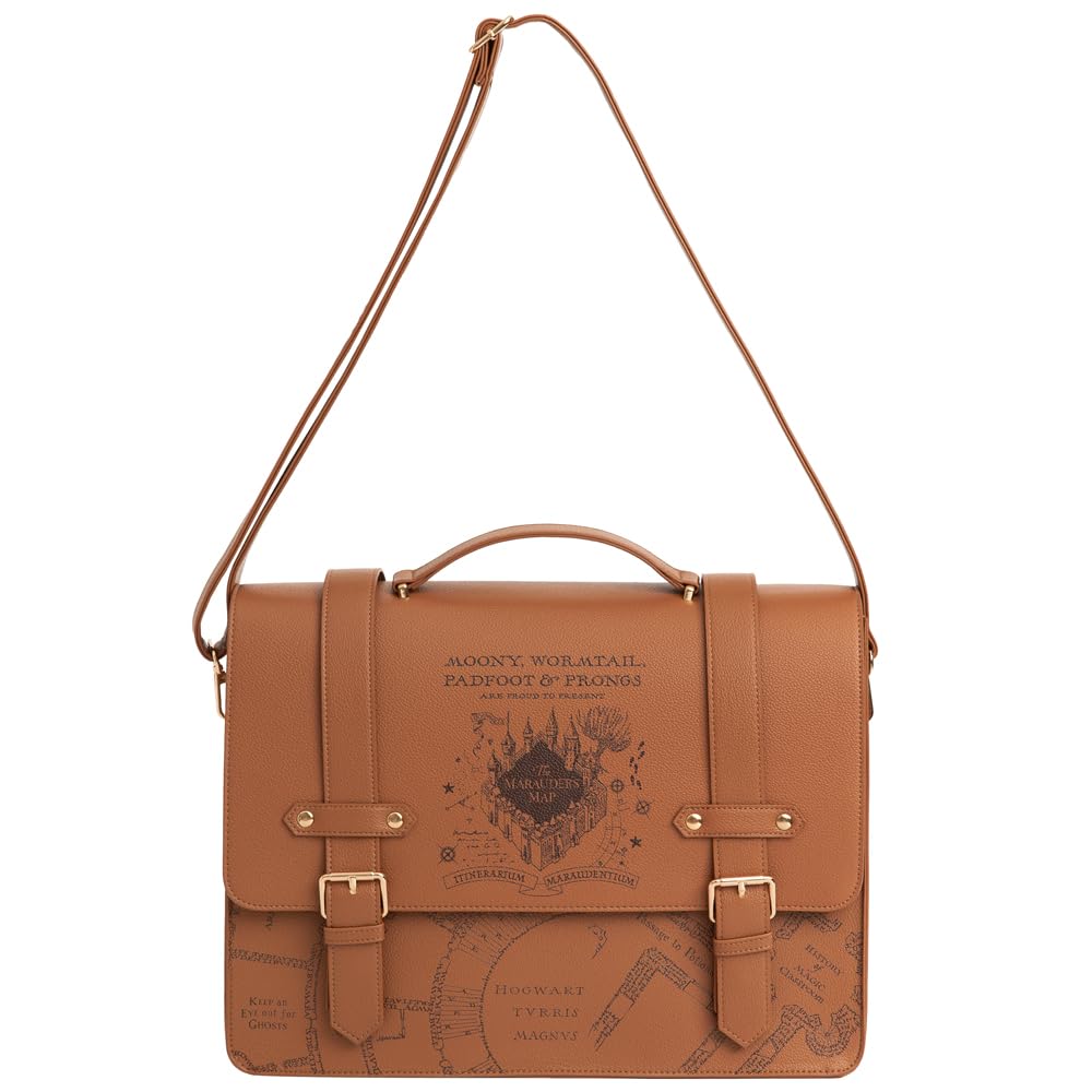 ConQuest Journals Harry Potter Marauder's Map Satchel, Vegan Leather Messenger Tote Bag, 50'' Crossbody Strap & Top Handles, Snap Buckle Closure, 2 Inside Pockets, 11'' x 15'', Officially Licensed