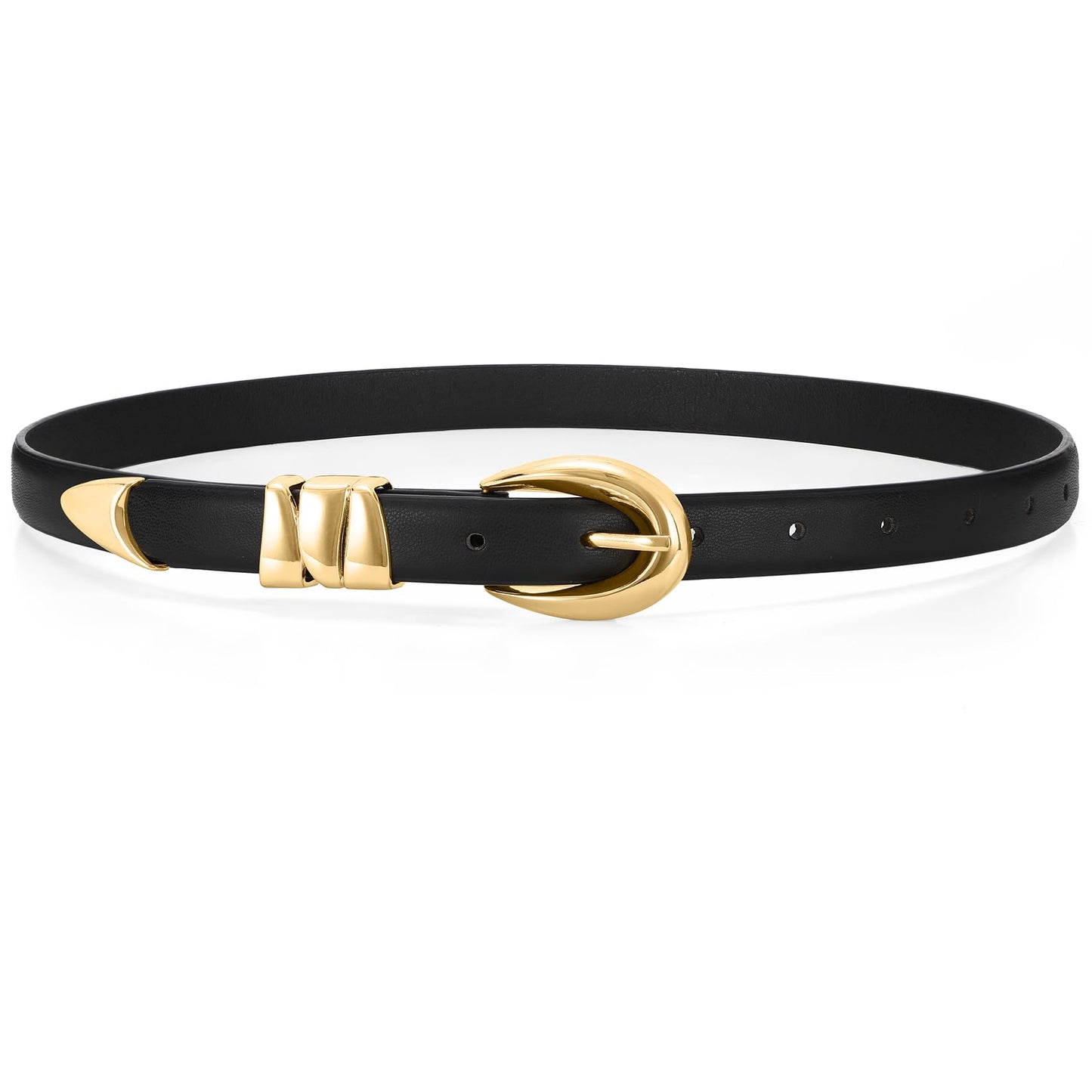 WHIPPY Women Skinny Leather Belt for Jeans Pants Dresses Ladies Fashion Waist Belt with Shiny Gold Buckle,Black Gold,S