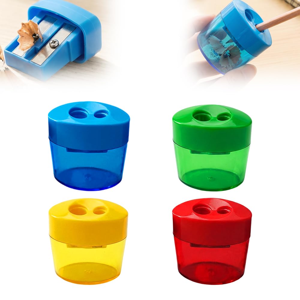 Pencil Sharpeners, 4 /8pcs Pencil Sharpeners Manual, Protable Dual Holes Compact Colored Handheld Pencil Sharpener with Lid for Artists Classroom School Office (4PCS-A)