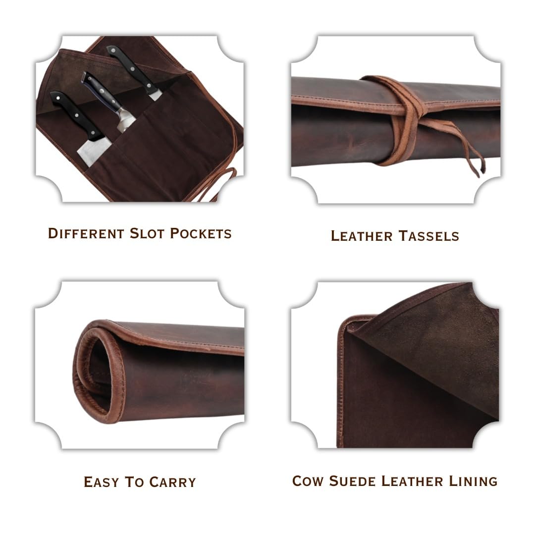 Autentico Genuine Buffalo Leather Small Knife Case Holder Chef's Knife Roll Holder Cutlery Sheath Carrying Case Organizer Storage Bag Travel Friendly Artist Gift for Men & Women Teak