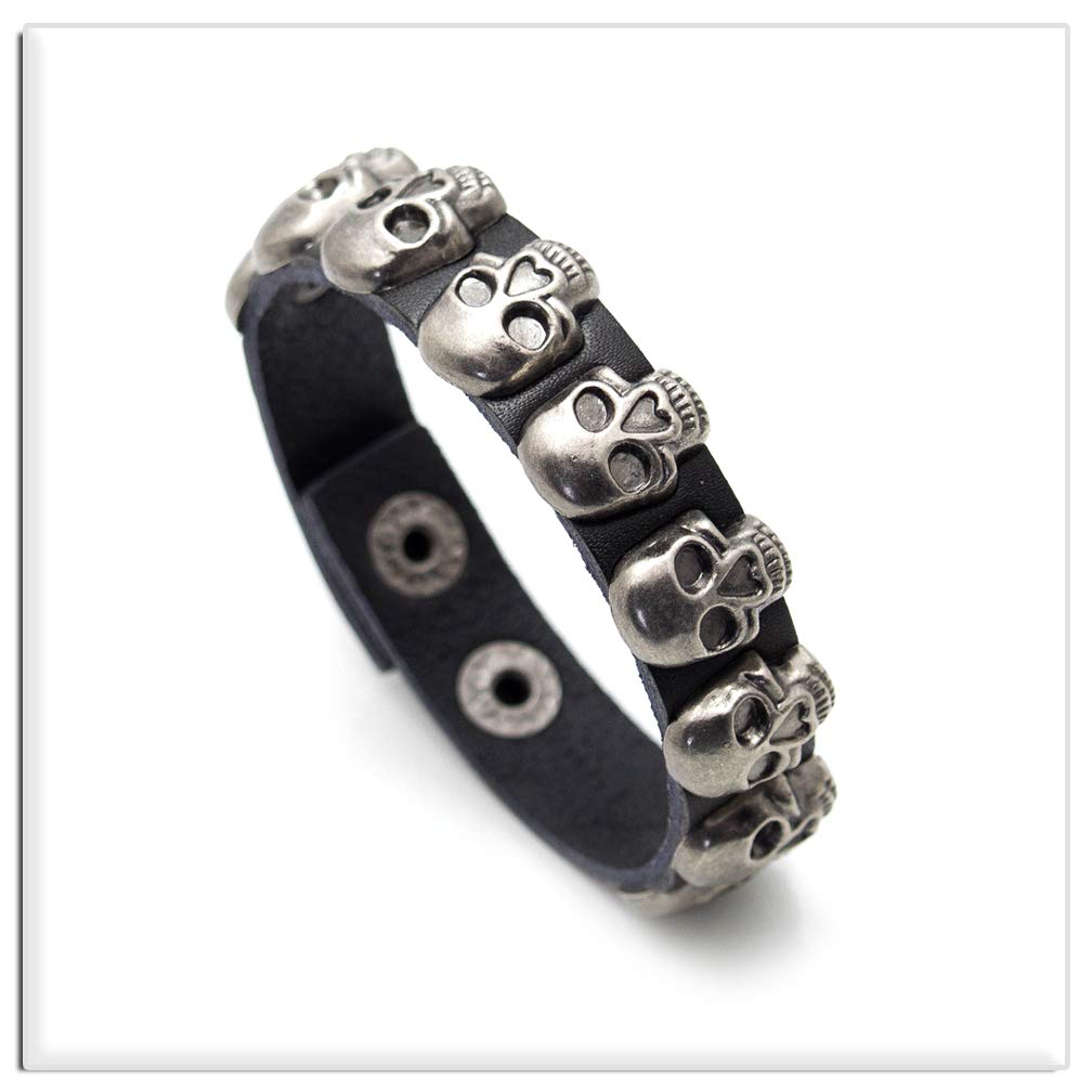Xusamss Punk Rock Alloy Buckle Leather Wristband Skull Cuff Bracelet(Black Leather)