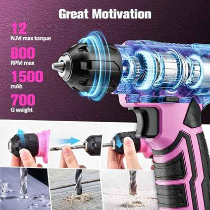 VIGRUE 278 Piece Tool Set, 8V Cordless Drill, Tool Kit with Drill, ToolBox for Men & Women, Home Hand Drill Set for Handyman, DIY (pink)
