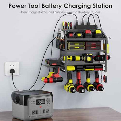 Power Tool Organizer Wall Mount with Charging Station, 4 Layer Storage Rack and Tool Holder for Garage Organization, 6 Drill Holder Wall Mount, 4 Hooks and 6 Outlet Power Strip, Great Men's Gift