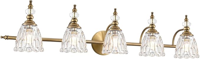 5 Lights Brass Gold Bathroom Light Fixtures, Antique Vanity Light with Flower Glass Shade, Bathroom Vanity Light Over Mirror, Farmhouse Sconces Wall Lighting for Hallway Livingroom Bedroom