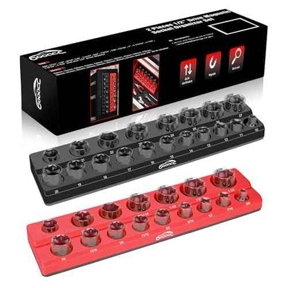 GOOACC 1/2" Magnetic Socket Organizer Set, 2 Pieces Metric & SAE Socket Drive Holders, 1/2 inch Drive Socket Organizer Trays Holds 35 Standard Sockets for Tool Box