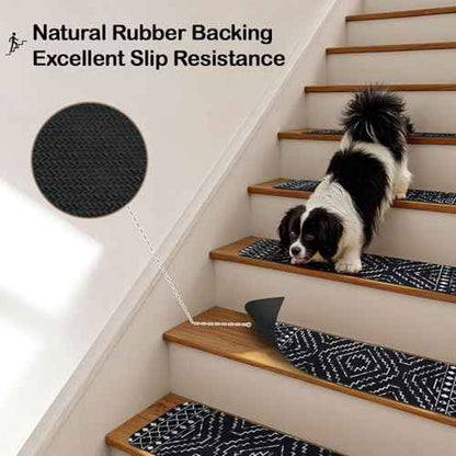 OJIA Boho Stair Treads Non-Slip Stair Runners for Wooden Steps Indoor 15PCS 30"x8" Washable Carpet Stair Treads Stair Mats Staircase Step Treads for Kids, Elders and Dogs, Stair Covers, Black
