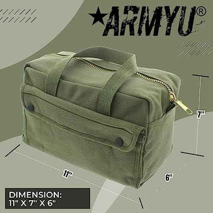 ARMYU Heavy Duty Small Tool Bag Tactical Cotton Canvas Mechanics Bag, 11" x 7" x 6", Olive - Brass Zipper