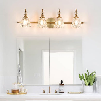 Gold Bathroom Light Fixtures 4 Lights, Antique Brass Vanity Light, Vanity Light Over Mirror, Vintage Bathroom Light with Clear Flower Glass, Lights for Wall Interior Hallway