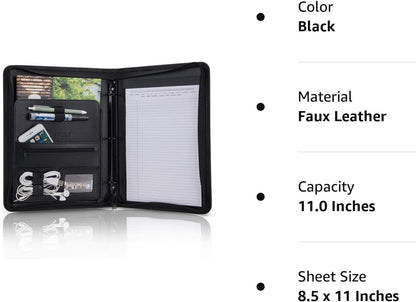 OOWOLF Padfolio Portfolio Folder, PU Leather Professional with Round Ring Binder 8.5 x 11 Inch Writing Pad Tablet Sleeve Interview Resume Document Organizer Business Card Holder Zippered Closure