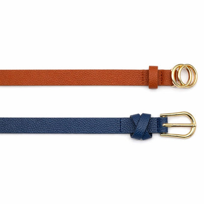 TRUE LOVE ACCESSORIES Women’s 2-Pack Skinny Belts – Slim Faux Leather Waist Belts with Gold Buckle – Dressy & Casual Jean Belts for Women (Navy/Cognac, 1X/2X)