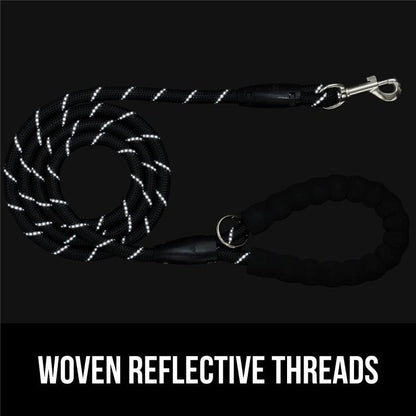 GORILLA GRIP Dog Leash, Heavy Duty Reflective Rope Leashes for 33lb Dogs, Cats, Small Animals, Puppy Training Essential for Walks, Hikes, Soft Handle, Rotating Metal Clip, Waste Bag Dispenser, Black