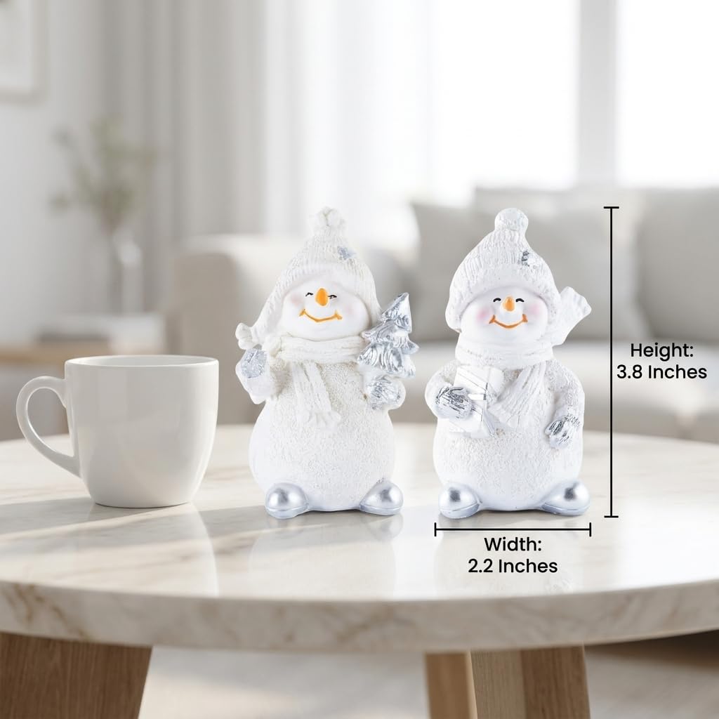 Brizoria Snowman Figurines Set of 2 White Resin Christmas Decorations with Silver Accents Winter Mantel Decor and Holiday Centerpieces for Table Home Indoor Tiered Tray Room Display