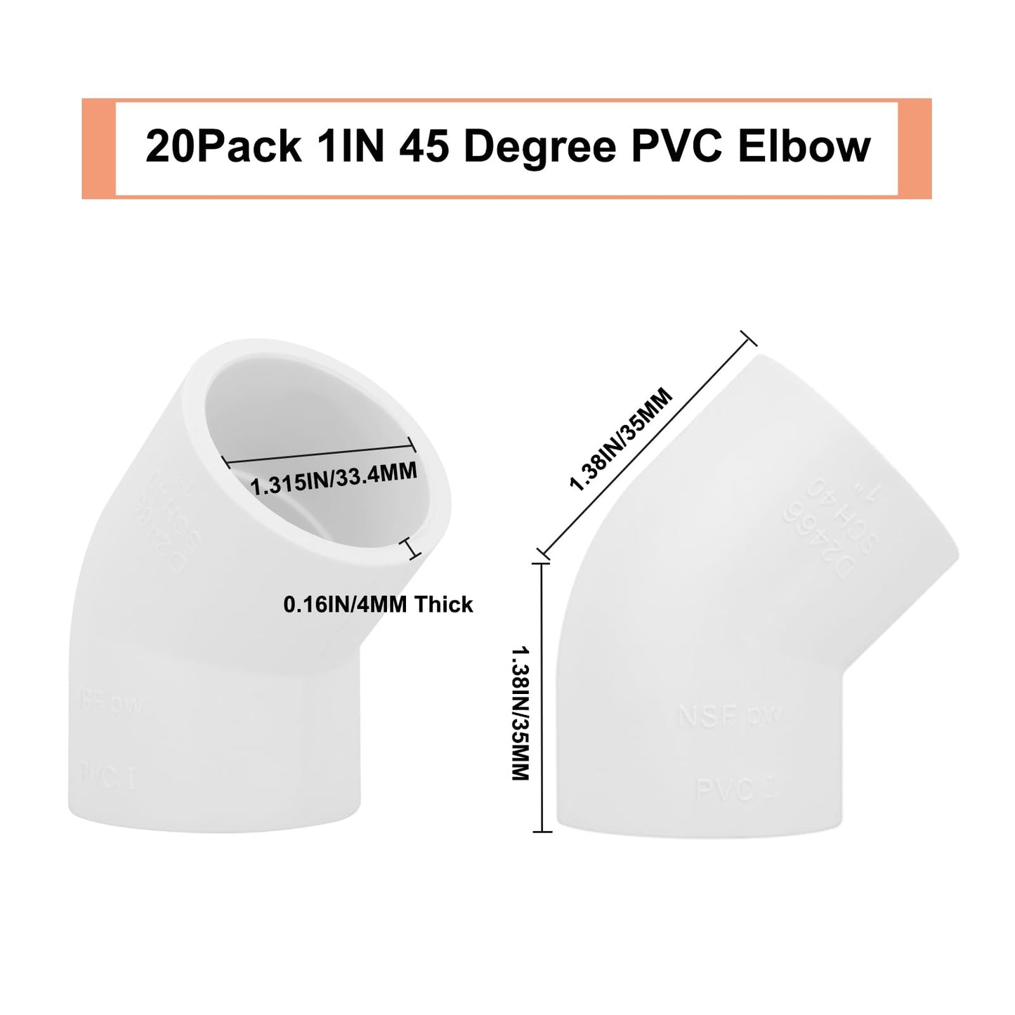 20Pack 1" 45 Degree PVC Elbow Pipe Fitting Connector (Socket x Socket) Furniture Build Grade SCH40 1 Inch 45 Degree Elbow PVC Corner Adapter for Home Sewer Plumbing Water Line