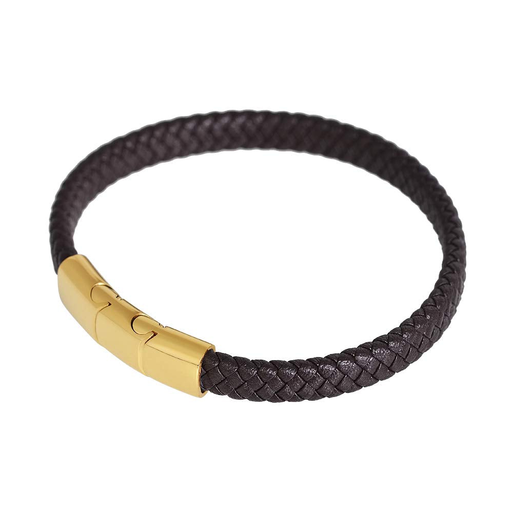 Geoffrey Beene Men's Braided Genuine Leather Bracelet with Stainless Steel Closure (Brown, Gold)