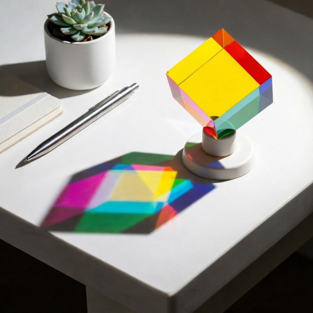 Twiddler Toys Color Mixing Cube with Display Stand – 2 Inch (50mm) Cyan, Yellow, & Magenta Acrylic Prism Optical Physics Desk Decor – Satisfying Silent Fidget Toy