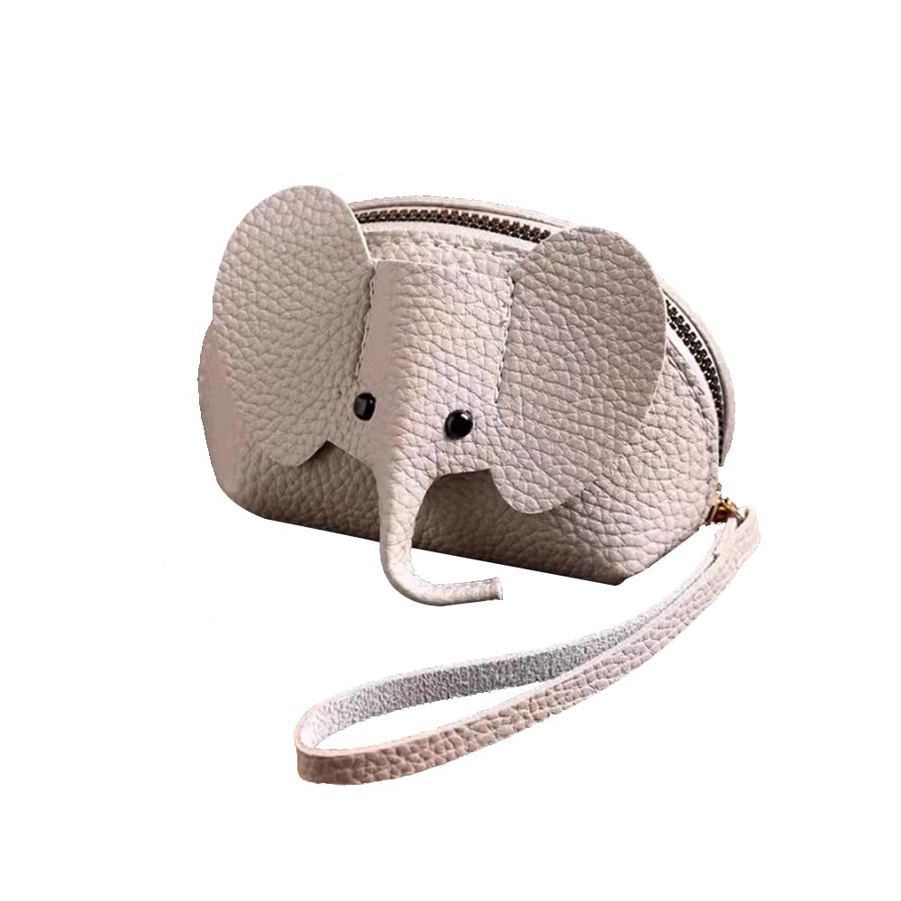 Cute Elephant Coin Purse, Small Leather Change Pouch Wallet for Women Cartoon Money Bag with Key Chain and Wrist Strap (Elephant Grey)