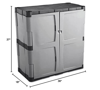 Rubbermaid Freestanding Storage Cabinet with Doors 18"D x 36"W x 37"H Medium Gray/Black Two-Shelf Lockable Cabinet for Indoor/Outdoor/Garage Storage for Garden Tools/Lawn Care Accessories