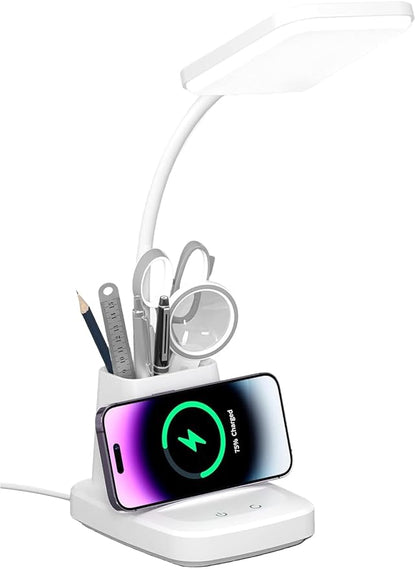 LED Desk Lamp with Wireless Charger for Home Office, Small with Pen Holder, 800LM,3 Color Modes,Gooseneck, Eye-Caring White Desk Lamps for Home College Dorm Room