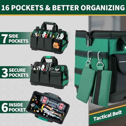 Tool Bag 18 Inch Molded Bottom, Upgraded Handle 18-Pocket Toolbox Organizer, Portable Multi-Pocket Waterproof, Tool Bag with Adjustable Shoulder Strap for Mechanics, DIY, Dad Birthday Gift